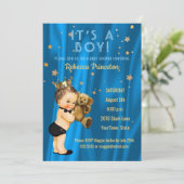 Prince Boy Baby shower Invitation Blue Gold Stars Kaart (Staand voorkant)