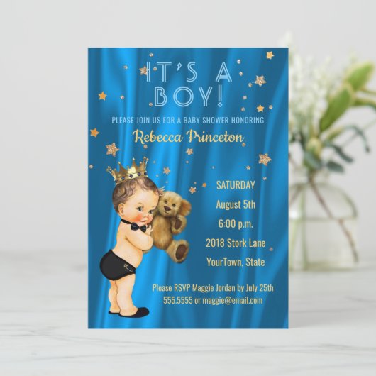 Prince Boy Baby shower Invitation Blue Gold Stars Kaart (Staand voorkant)