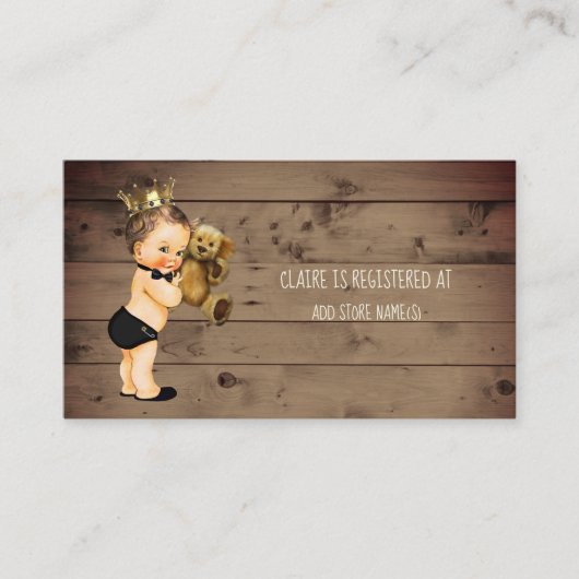Prince Boy Baby shower Registry Insert Rustic Wood Informatiekaartje (Voorkant)