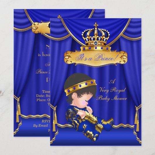 Prince Boy Baby shower Royal Blue Drapes Brunette Kaart (Voorkant / Achterkant)