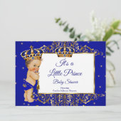 Prince Boy Baby shower Royal Blue Gold Brunette 2 Kaart (Staand voorkant)