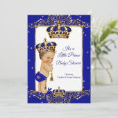 Prince Boy Baby shower Royal Blue Gold Brunette Kaart (Staand voorkant)