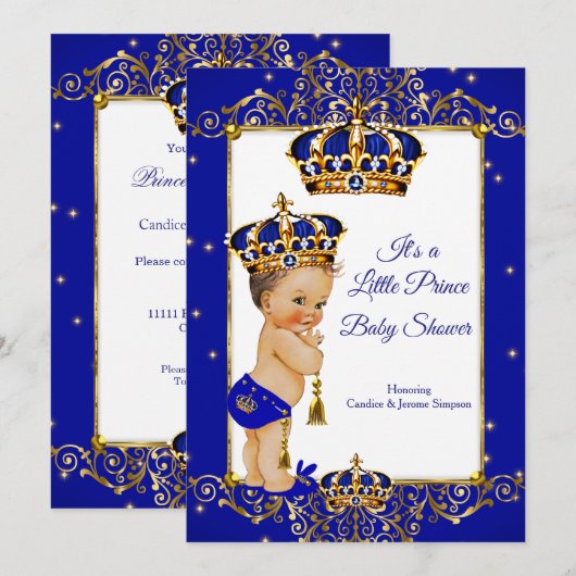 Prince Boy Baby shower Royal Blue Gold Brunette Kaart (Voorkant / Achterkant)