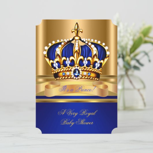 Prince Boy Baby shower Royal Blue Gold Crown 2 Kaart (Staand voorkant)