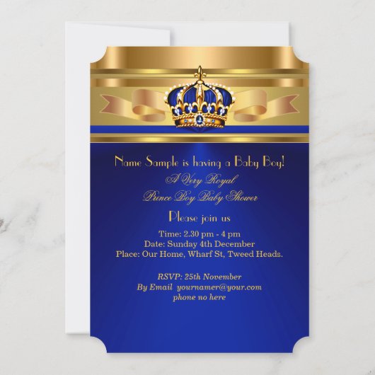 Prince Boy Baby shower Royal Blue Gold Crown 2 Kaart (Achterkant)