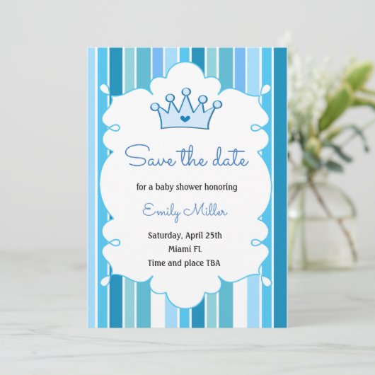 Prince Boy Baby shower Sparen de Datum Save The Date (Staand voorkant)