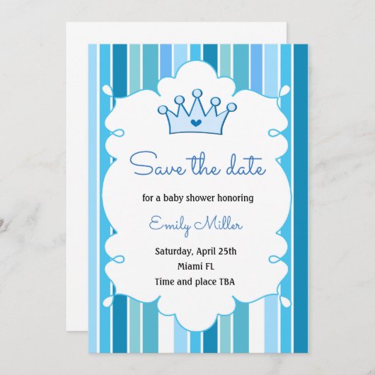 Prince Boy Baby shower Sparen de Datum Save The Date (Voorkant / Achterkant)