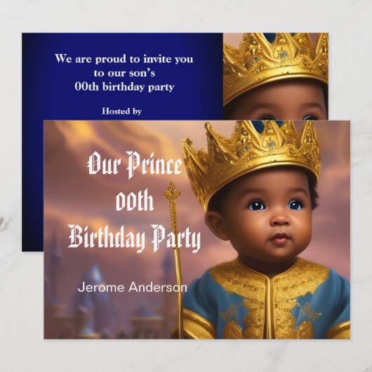 Prince Boy Birthday Blue Gold African American 2 Kaart (Voorkant / Achterkant)