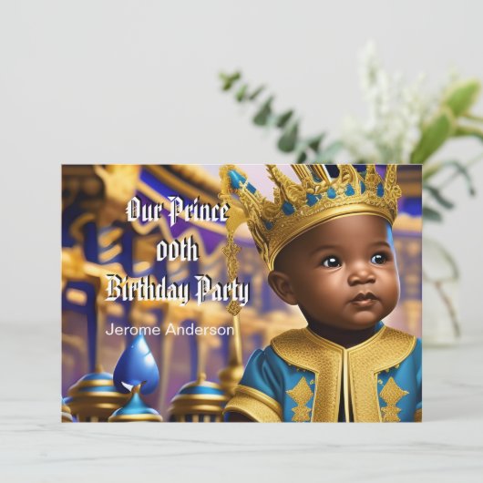 Prince Boy Birthday Blue Gold African American Ame Kaart (Staand voorkant)