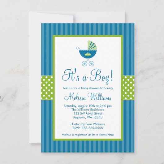 Prince Carriage Blue Green Stripes Baby shower Kaart (Voorkant)