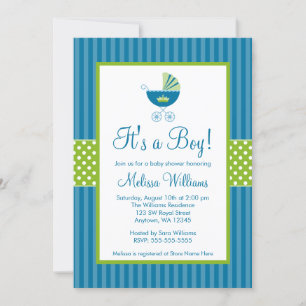 Prince Carriage Blue Green Stripes Baby shower Kaart