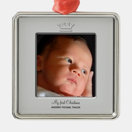 Prince Crown Baby Boy Eerste Kerstfoto Metalen Ornament (Voorkant)