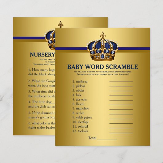 Prince Crown Baby shower Games Word Scramble (Voorkant / Achterkant)