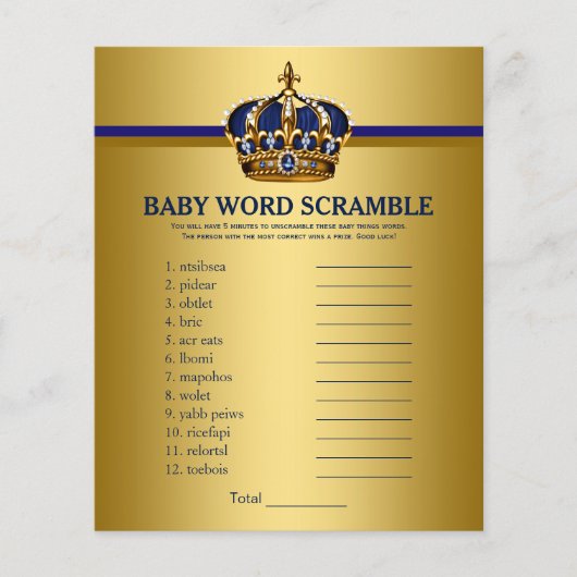 Prince Crown Baby shower Games Word Scramble (Voorkant)