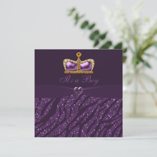 Prince Crown, Heart & Zebra Glitter Baby shower Kaart (Staand voorkant)
