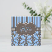 Prince Damask & Stripe Black & Blue Baby shower Kaart (Staand voorkant)