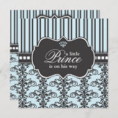 Prince Damask & Stripe Black & Blue Baby shower Kaart (Voorkant / Achterkant)