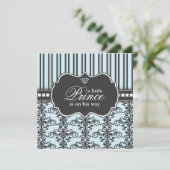 Prince Damask & Stripe Black & Blue Baby shower Kaart (Staand voorkant)