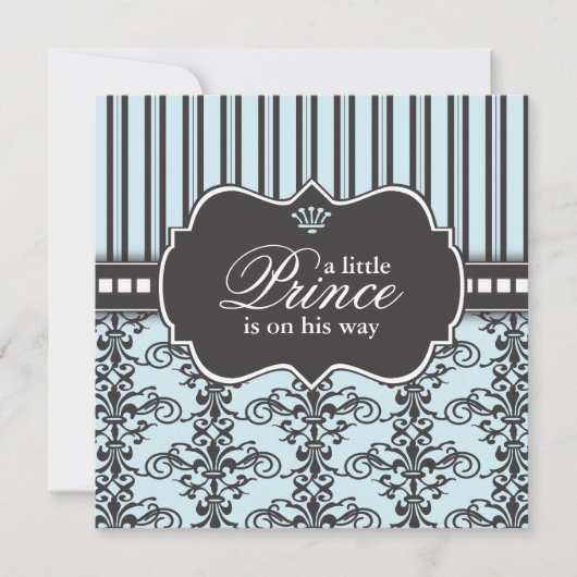 Prince Damask & Stripe Black & Blue Baby shower Kaart (Voorkant)