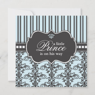 Prince Damask & Stripe Black & Blue Baby shower Kaart