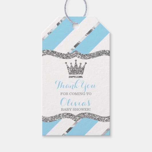 Prince Dank je Label, blauw, faux glitter, kroon Cadeaulabel (Voorkant)