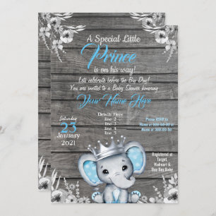 Prince Elephant Baby shower Invitation Silver Blue Kaart