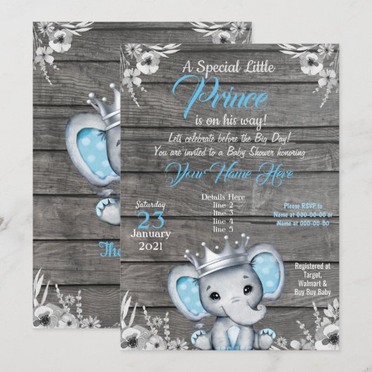 Prince Elephant Baby shower Invitation Zilverblauw Kaart (Voorkant / Achterkant)