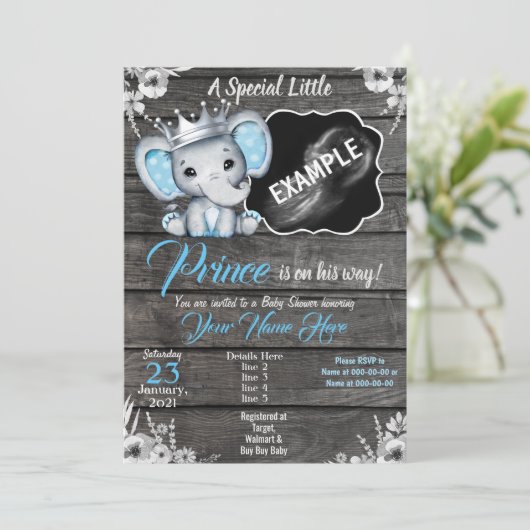 Prince Elephant Echografie Pic Uitnodiging Blauw (Staand voorkant)