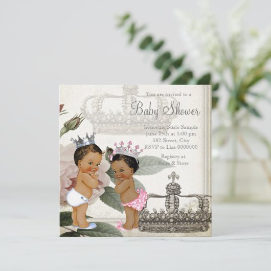 Prince en Princess Etnische Tweeling Baby shower Kaart (Staand voorkant)