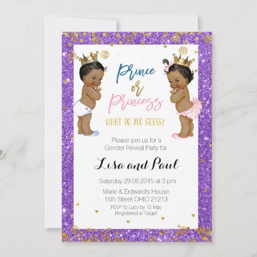Prince en Princess Gender Reveal nodigen Paarse ui Kaart (Voorkant)