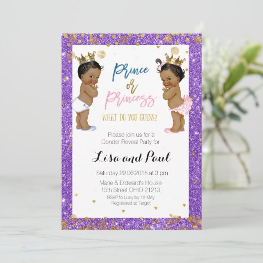 Prince en Princess Gender Reveal nodigen Paarse ui Kaart (Staand voorkant)