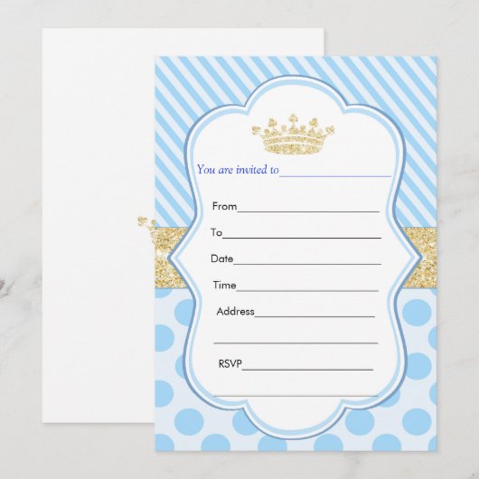 Prince Gold Glitter Birthday Uitnodiging invullen (Voorkant / Achterkant)