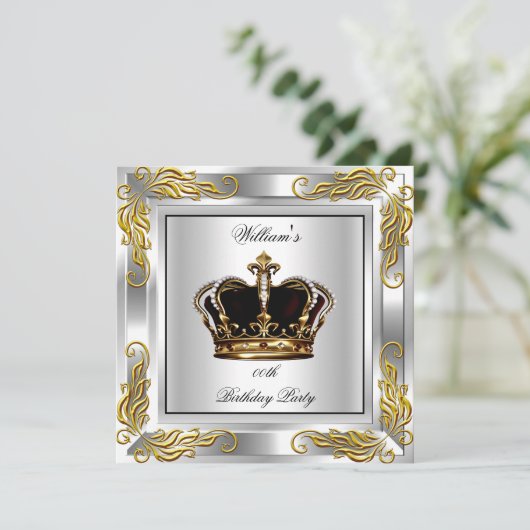 Prince King Mannen Crown Silver Birthday Kaart (Staand voorkant)
