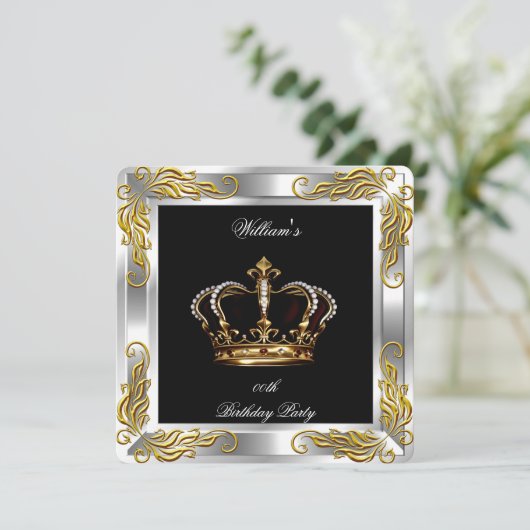 Prince King Mannen Silver Birthday Party Kaart (Staand voorkant)