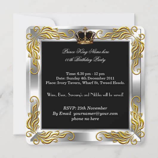 Prince King Mannen Silver Birthday Party Kaart (Achterkant)