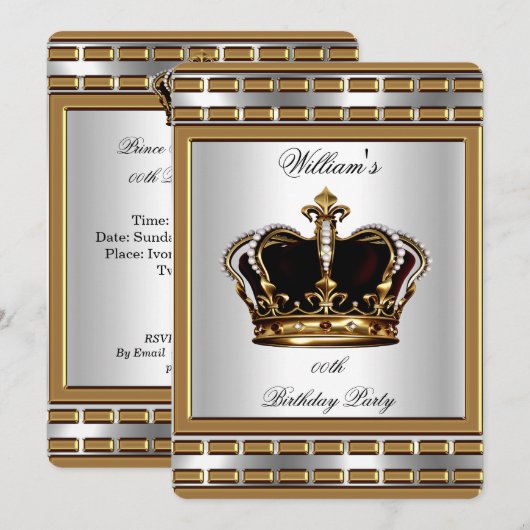Prince King Royal Crown Gold Silver Birthday Party Kaart (Voorkant / Achterkant)
