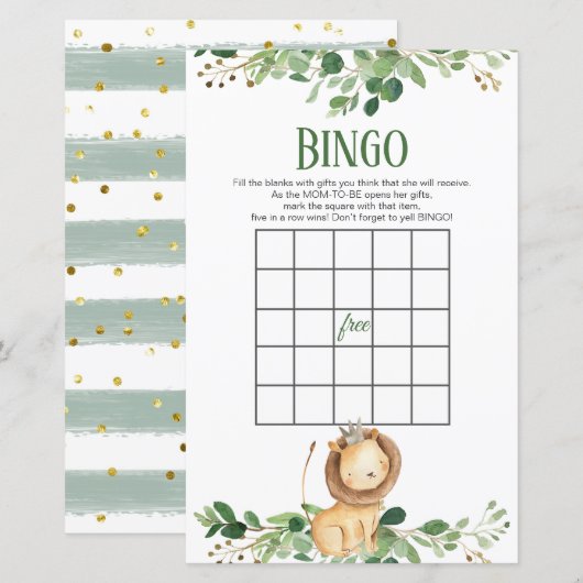 Prince Lion Greenery Baby shower Bingo Games (Voorkant / Achterkant)