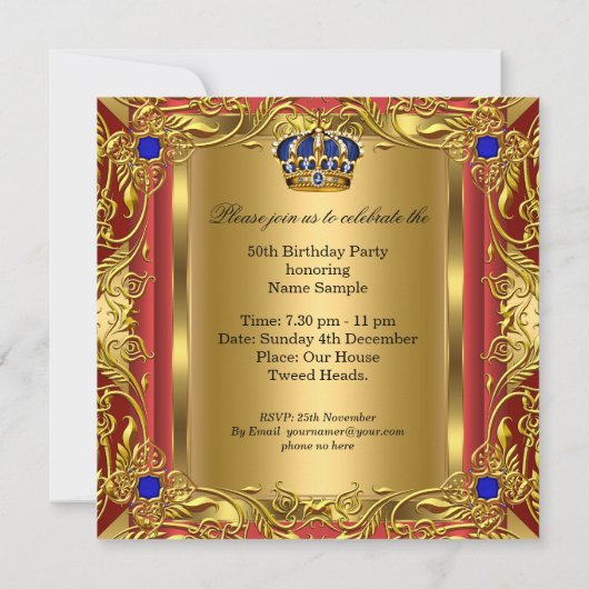 Prince of King Red Gold Royal Blue Crown Birthday Kaart (Achterkant)