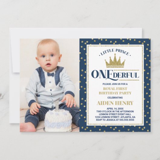 Prince ONEderful First Birthday Invitation, Blue Kaart (Voorkant)
