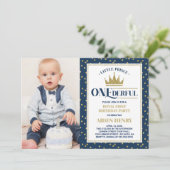 Prince ONEderful First Birthday Invitation, Blue Kaart (Staand voorkant)