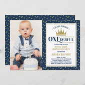Prince ONEderful First Birthday Invitation, Blue Kaart (Voorkant / Achterkant)