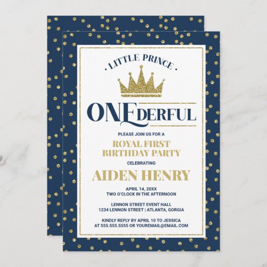 Prince ONEderful First Birthday Party Invitation Kaart (Voorkant / Achterkant)