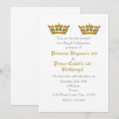 Prince Princess Gold Crowns Twins Party Uitnodigin Kaart (Voorkant / Achterkant)