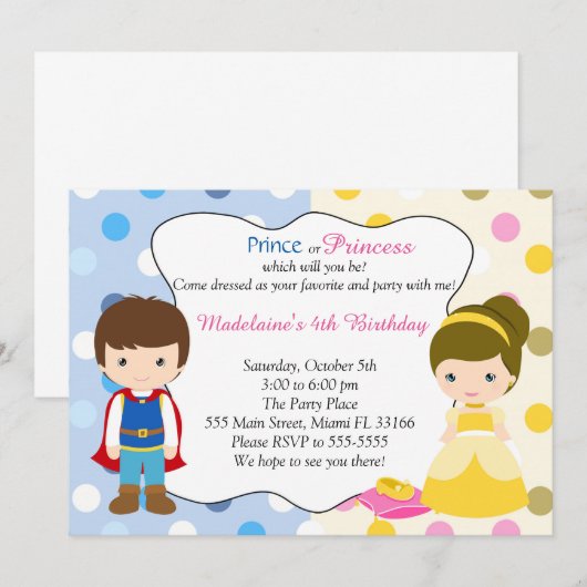 Prince Princess Invitation Kinder Birhday Party Kaart (Voorkant / Achterkant)