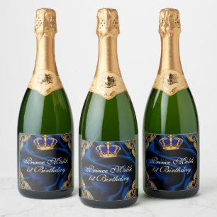 Prince Royal blauw en goud kroon en zijde Sparkling Wijnetiket