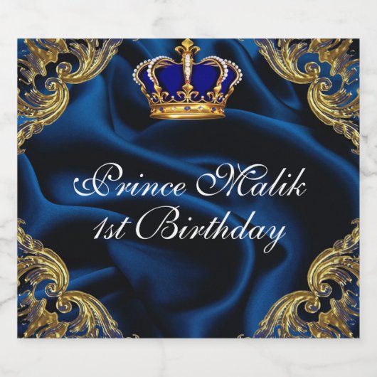Prince Royal blauw en goud kroon en zijde Sparkling Wijnetiket (Enkel label)