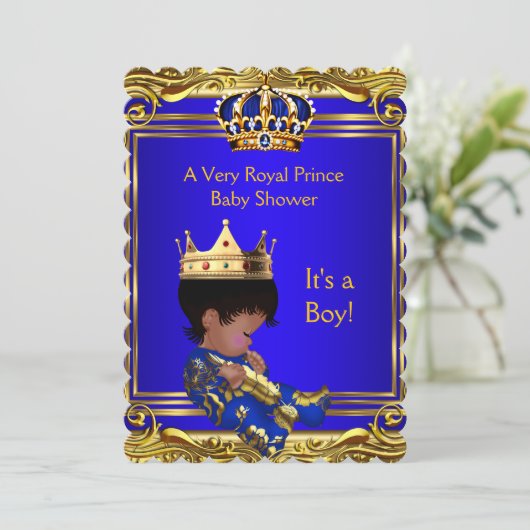 Prince Royal Blue Baby shower Gold Boy Ethnic Kaart (Staand voorkant)