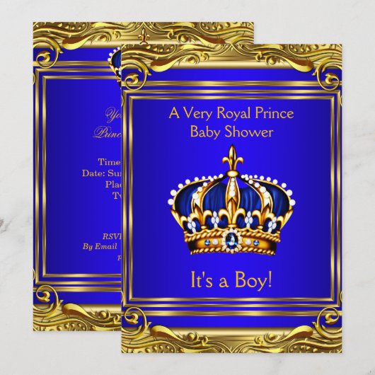 Prince Royal Blue Baby shower Gold Boy Kaart (Voorkant / Achterkant)