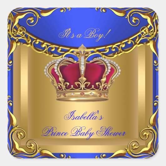 Prince Royal Blue Baby shower Regal Red Gold Boy 3 Vierkante Sticker (Voorkant)