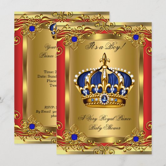 Prince Royal Blue Boy Baby shower Regal Red Gold 2 Kaart (Voorkant / Achterkant)